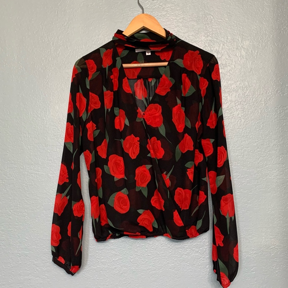 Guess Red/Black Rose-Print Blouse, M